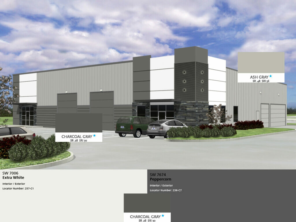 Buildings at the Katy Fort Bend Business Park will be colored in ash gray, peppercorn and extra white, as shown in this depiction. Buildings will feature 3’ x 5’ wall lite panels to allow natural light.